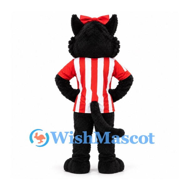 Black Cat Mascot Costume with Red Bow and Striped Sports Shirt