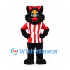 Black Cat Mascot Costume with Red Bow and Striped Sports Shirt