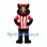 Black Cat Mascot Costume with Red Bow and Striped Sports Shirt