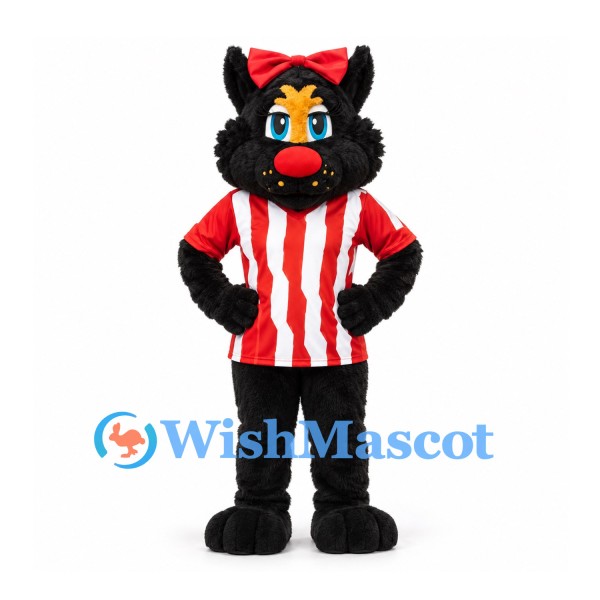 Black Cat Mascot Costume with Red Bow and Striped Sports Shirt