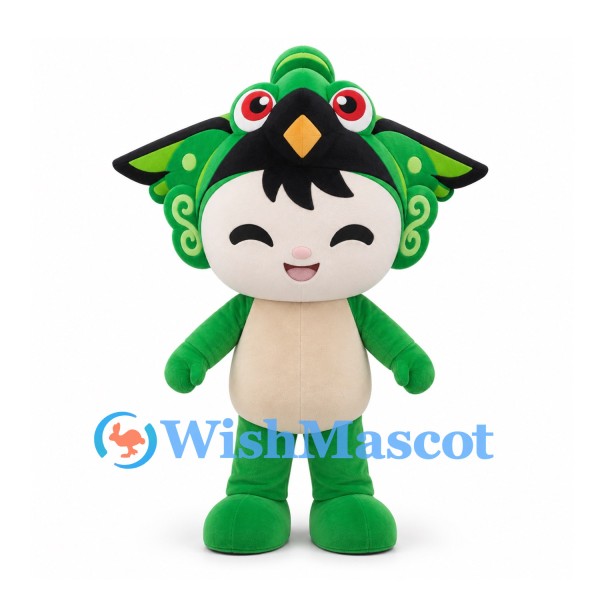 Bird Character Mascot Costume in Green with Decorative Hood