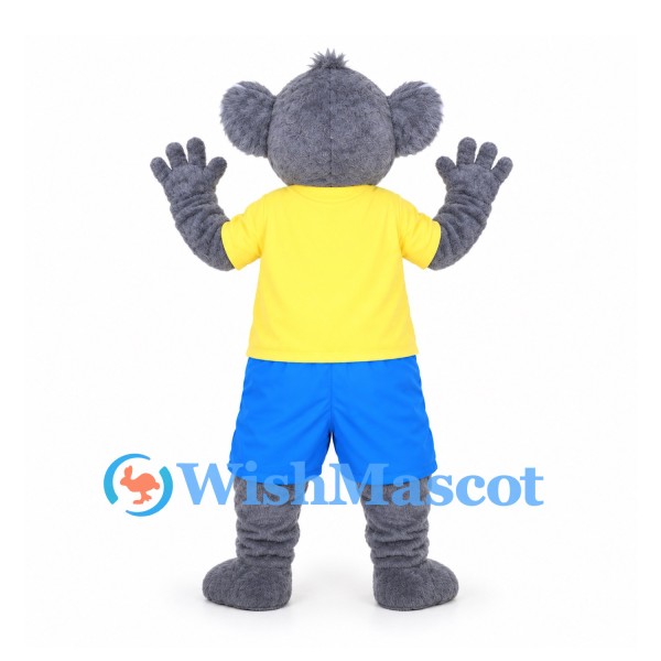 Koala Mascot Costume in Gray with Yellow Shirt and Blue Shorts