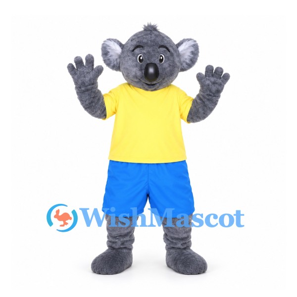 Koala Mascot Costume in Gray with Yellow Shirt and Blue Shorts