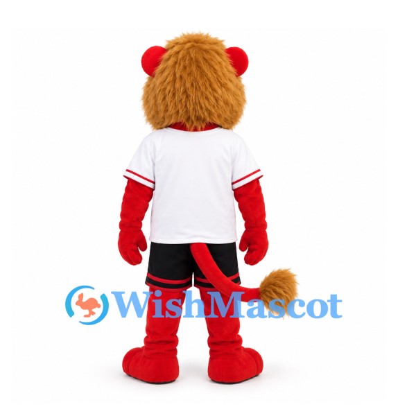 Lion Mascot Costume in Red with Gold Mane and White Sports Shirt
