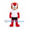 Lion Mascot Costume in Red with Gold Mane and White Sports Shirt