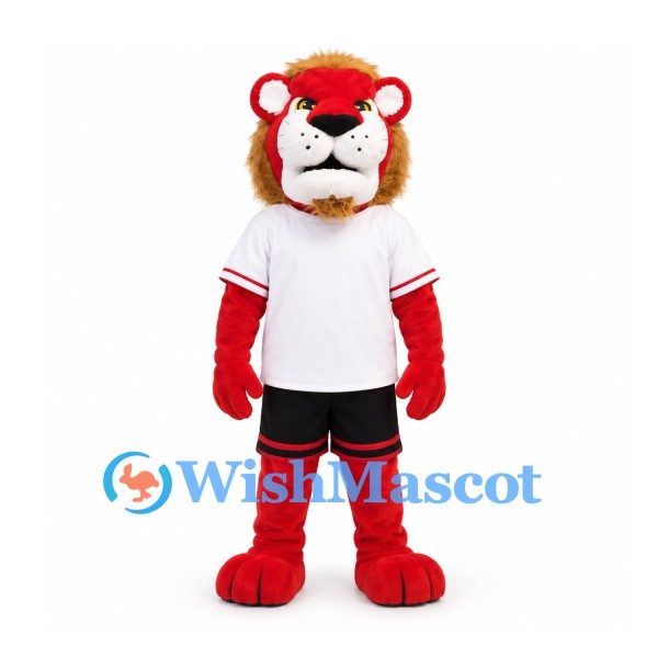 Lion Mascot Costume in Red with Gold Mane and White Sports Shirt