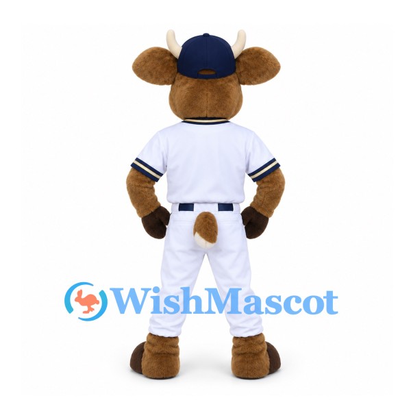 Bull Mascot Costume in Brown with Navy Cap and White Baseball Uniform