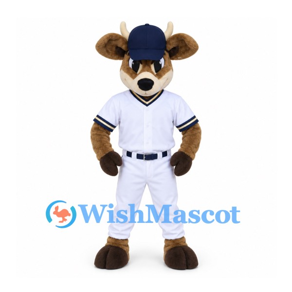 Bull Mascot Costume in Brown with Navy Cap and White Baseball Uniform