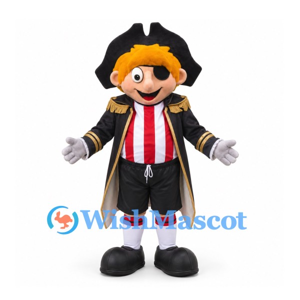 Pirate Mascot Costume with Black Hat and Gold Trimmed Coat