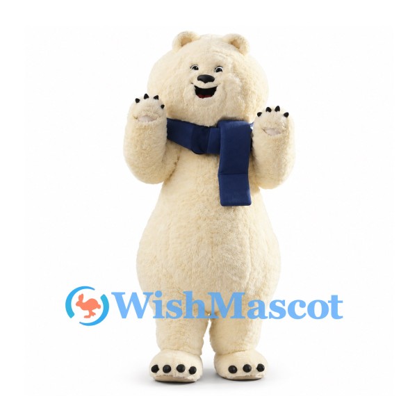Polar Bear Mascot Costume in Cream with Navy Scarf