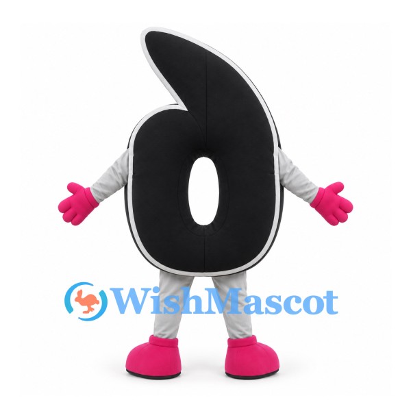 Number Six Mascot Costume in Pink and Black with White Outline