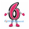 Number Six Mascot Costume in Pink and Black with White Outline