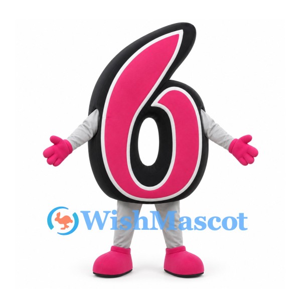 Number Six Mascot Costume in Pink and Black with White Outline