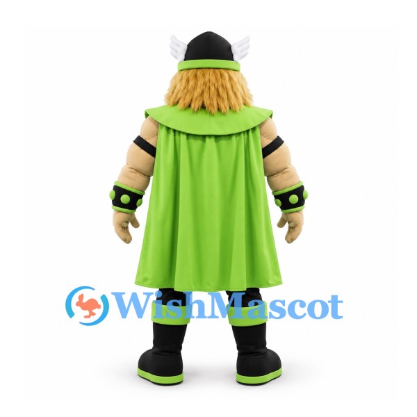 Viking Mascot Costume with Green Cape and Winged Helmet