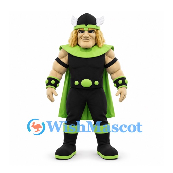 Viking Mascot Costume with Green Cape and Winged Helmet