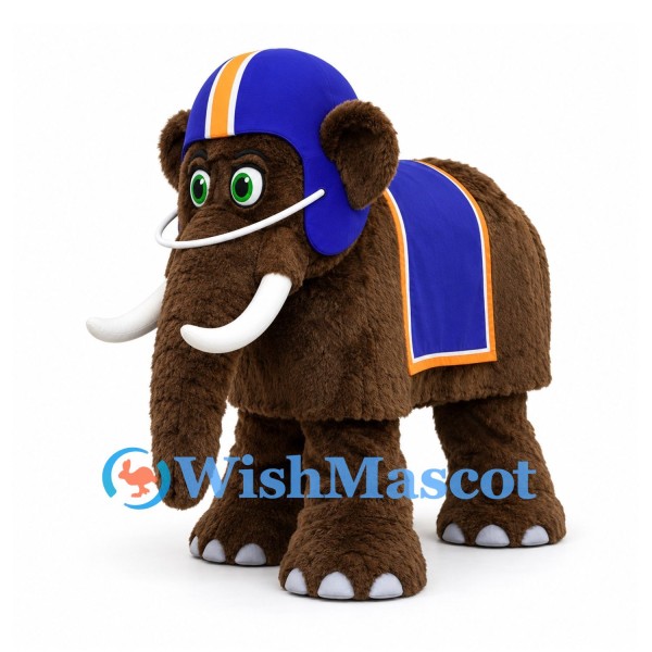 Mammoth Mascot Costume in Brown with Blue Helmet and Saddle Cloth