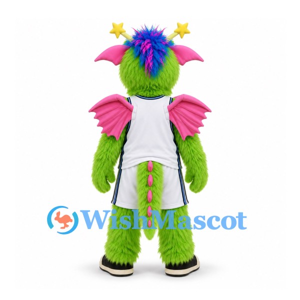 Dragon Mascot Costume in Lime Green with Pink Wings and White Uniform