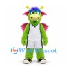 Dragon Mascot Costume in Lime Green with Pink Wings and White Uniform