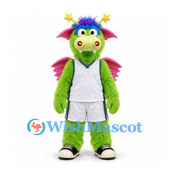 Dragon Mascot Costume in Lime Green with Pink Wings and White Uniform