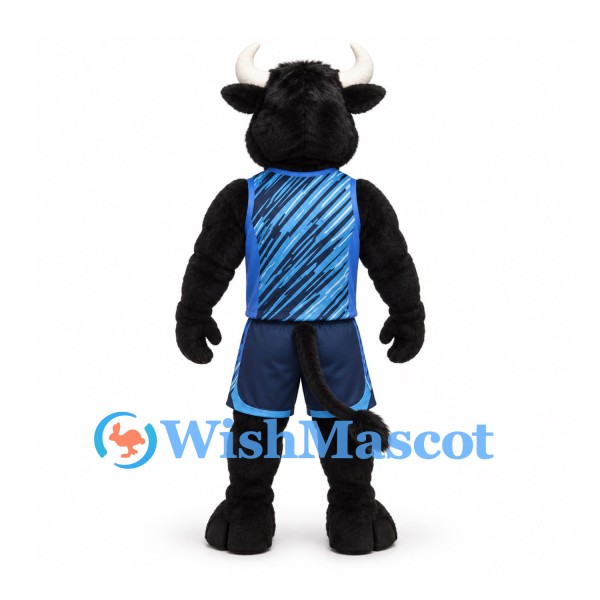 Bull Mascot Costume in Black with Blue Basketball Uniform