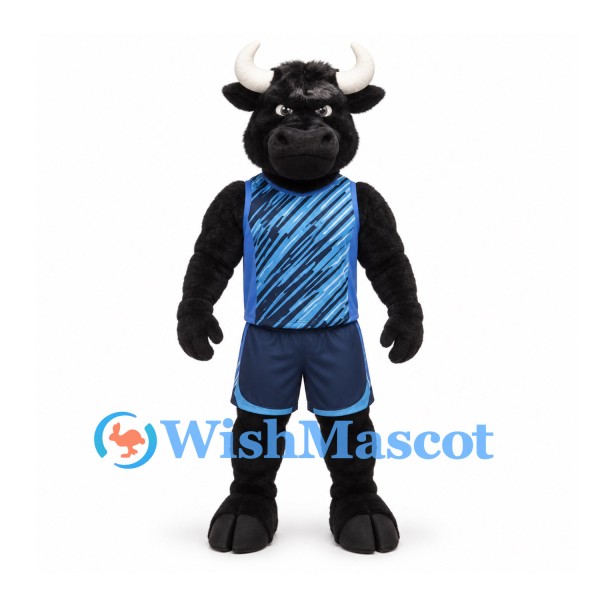 Bull Mascot Costume in Black with Blue Basketball Uniform