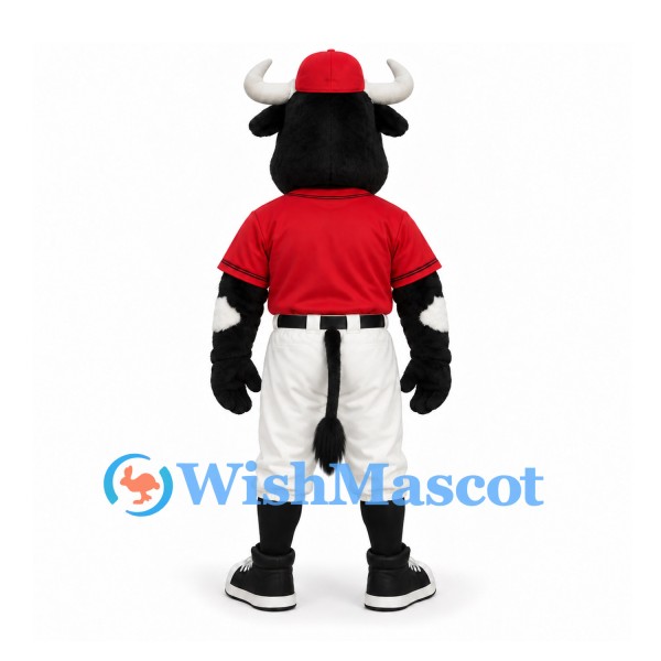Bull Mascot Costume in Black and White with Red Baseball Uniform