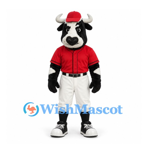 Bull Mascot Costume in Black and White with Red Baseball Uniform