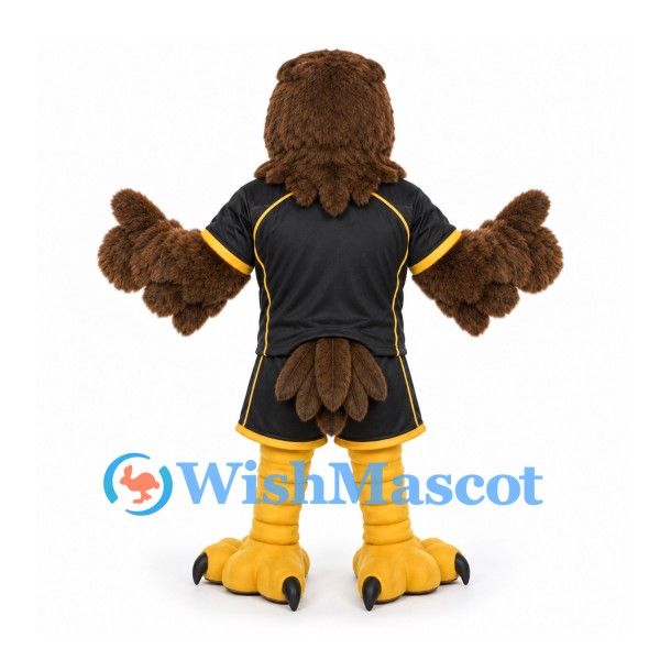 Eagle Mascot Costume in Brown with Black and Gold Sports Uniform