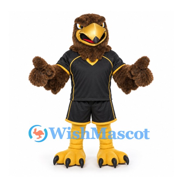 Eagle Mascot Costume in Brown with Black and Gold Sports Uniform