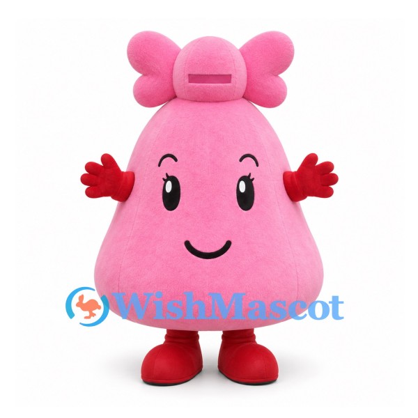 Pink Character Mascot Costume with Flower Shaped Head and Red Gloves