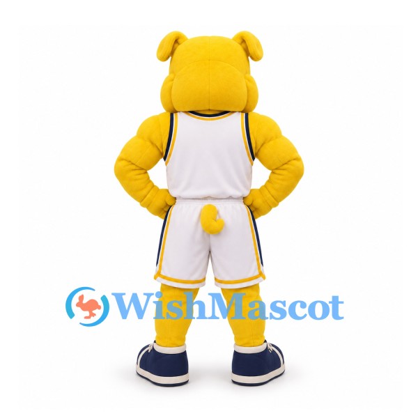 Bulldog Mascot Costume in Yellow with White Basketball Uniform