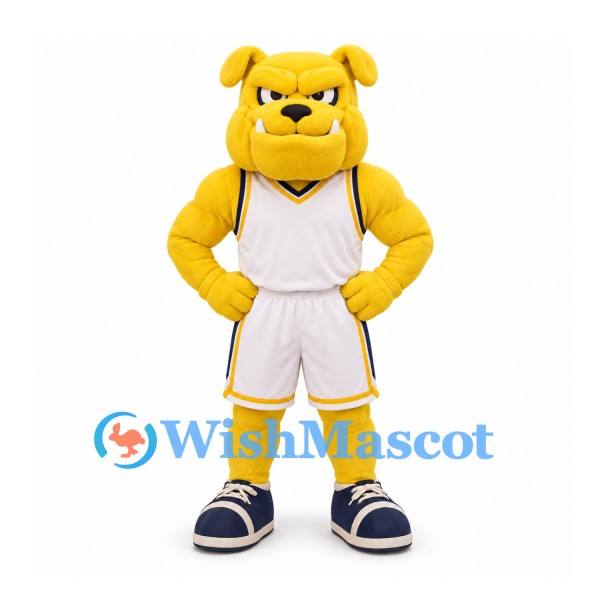 Bulldog Mascot Costume in Yellow with White Basketball Uniform