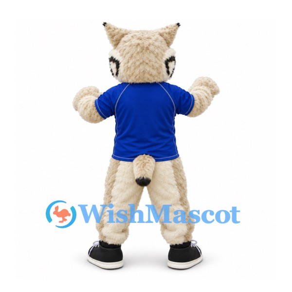 Lynx Mascot Costume in Cream with Blue Shirt and Tufted Ears