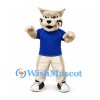 Lynx Mascot Costume in Cream with Blue Shirt and Tufted Ears