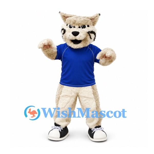 Lynx Mascot Costume in Cream with Blue Shirt and Tufted Ears