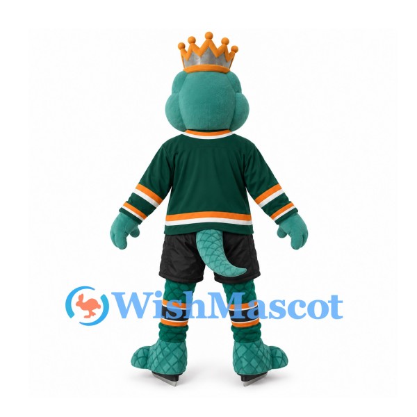 Dinosaur Mascot Costume in Teal with Gold Crown and Green Sports Shirt