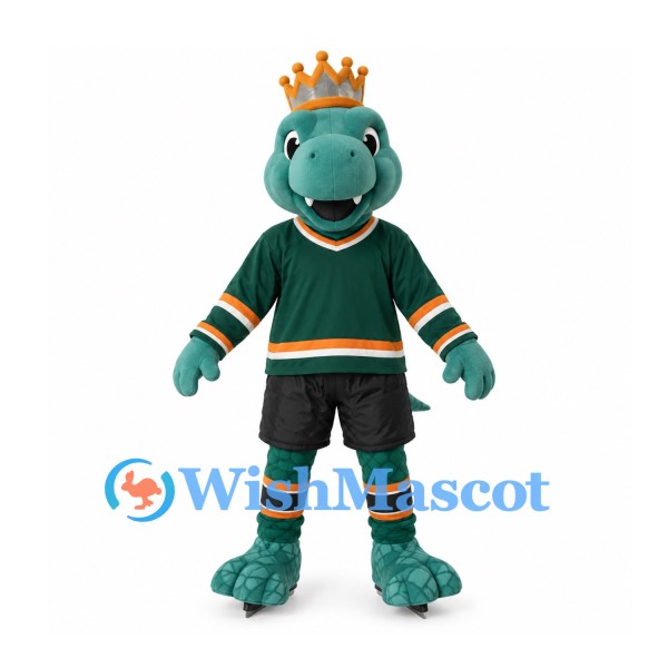 Dinosaur Mascot Costume in Teal with Gold Crown and Green Sports Shirt