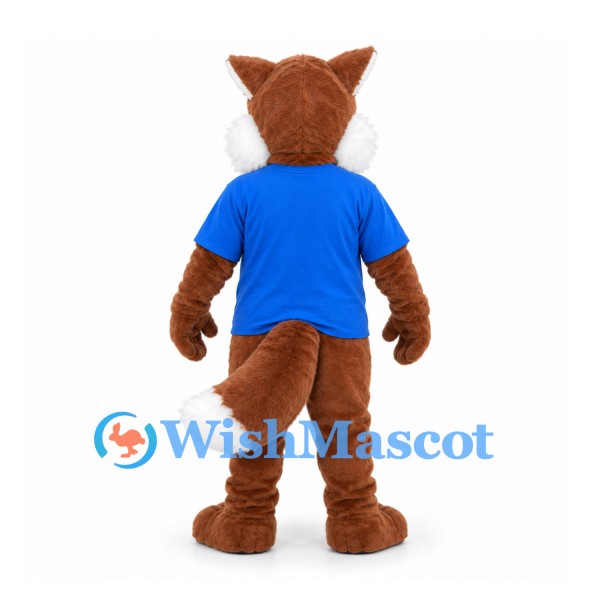 Fox Mascot Costume in Brown with Blue Shirt and White Cheeks
