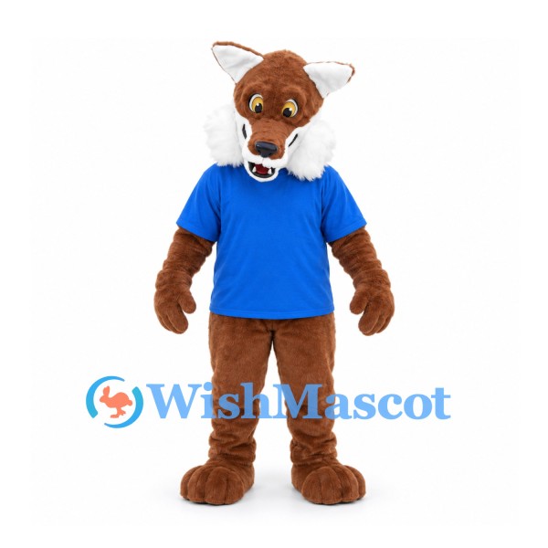 Fox Mascot Costume in Brown with Blue Shirt and White Cheeks