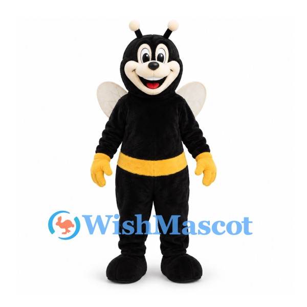 Bee Mascot Costume in Black with Yellow Waist Stripe and White Wings