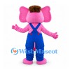 Elephant Mascot Costume in Pink with Blue Overalls