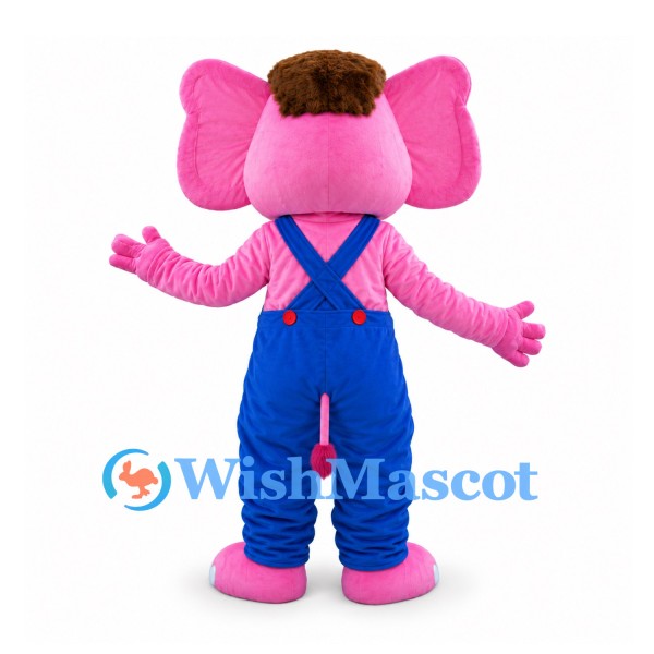 Elephant Mascot Costume in Pink with Blue Overalls