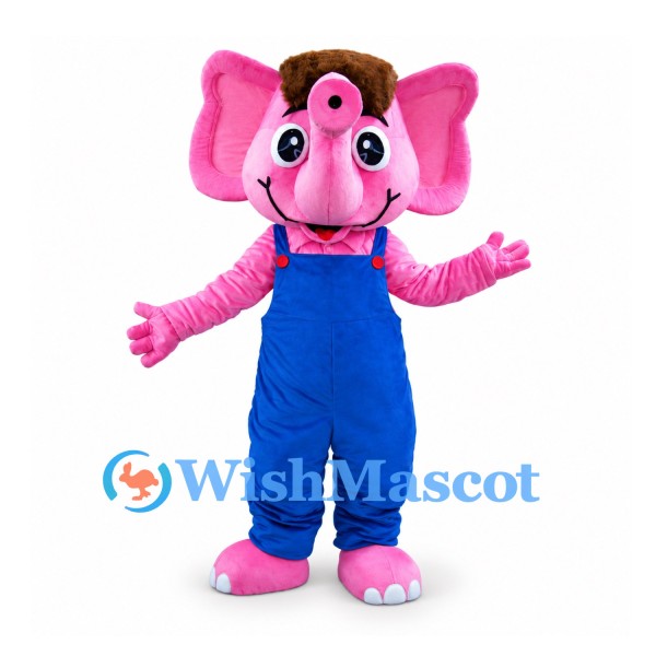 Elephant Mascot Costume in Pink with Blue Overalls