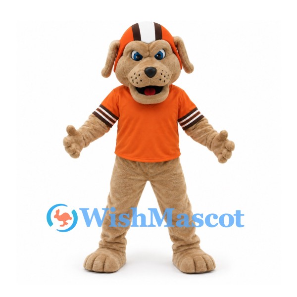 Dog Mascot Costume in Tan with Orange Football Helmet and Shirt