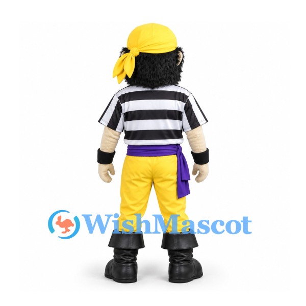 Pirate Mascot Costume with Yellow Bandana and Black Striped Shirt