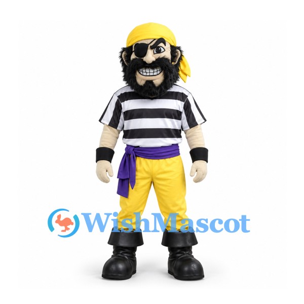 Pirate Mascot Costume with Yellow Bandana and Black Striped Shirt