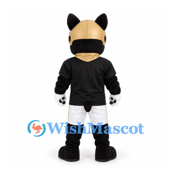 Boston Terrier Mascot Costume with Gold Football Helmet and Black Shirt