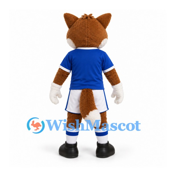 Fox Mascot Costume in Brown with Blue Sports Shirt and White Shorts