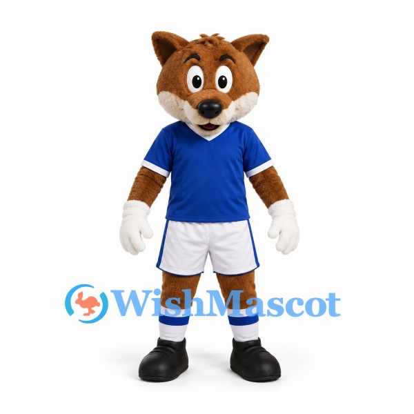 Fox Mascot Costume in Brown with Blue Sports Shirt and White Shorts