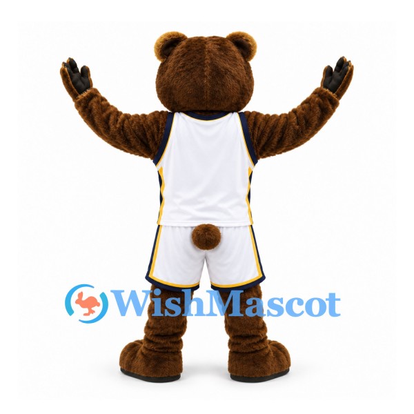 Bear Mascot Costume in Brown with White Basketball Uniform